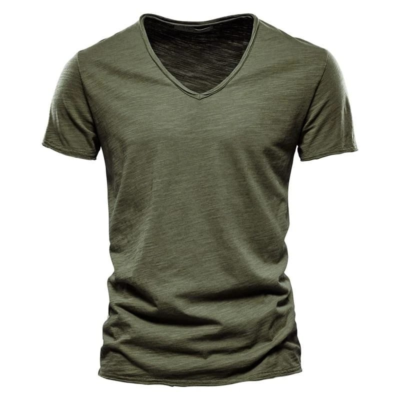 AIOPESON Sommer 100% Baumwolle Elastizität T Shirt Männer Casual Weiche Fitness Shirt Männer T Shirt Tops T Shirts V-ausschnitt kurzarm T-shirt Männer XL armee grüne · AIOPESON Men
