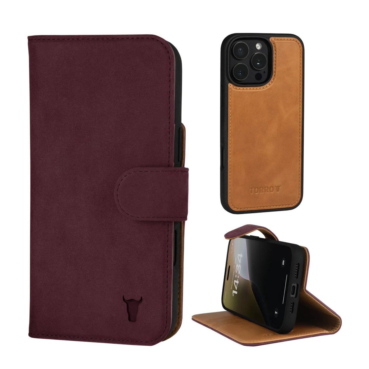 iPhone 16 Pro Max Lederhülle (mit abnehmbarer Hülle und MagSafe-kompatibel) - Nubuck / Kastanienbraun · TORRO · Torro DE 104057