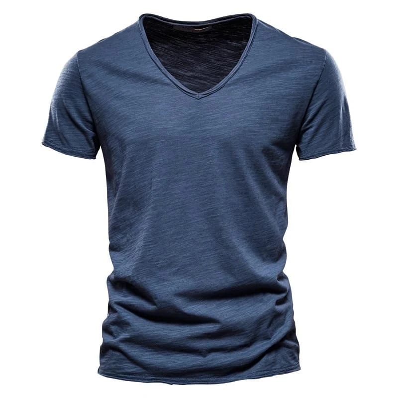 AIOPESON Sommer 100% Baumwolle Elastizität T Shirt Männer Casual Weiche Fitness Shirt Männer T Shirt Tops T Shirts V-ausschnitt kurzarm T-shirt Männer XL dunkelblau · AIOPESON Men